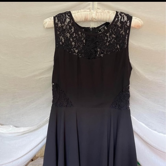 Black lace Fit And Flare Dress With Lace Midriff Cutouts, Size Medium - Picture 1 of 7